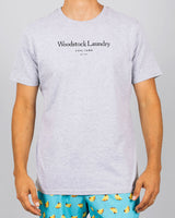 Mens T-Shirt Grey Woodstock Laundry Black Typo
