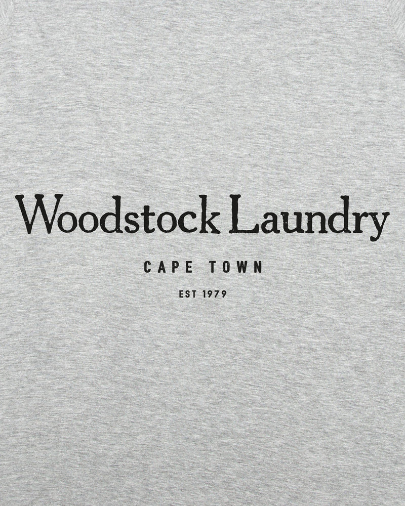 Mens T-Shirt Grey Woodstock Laundry Black Typo