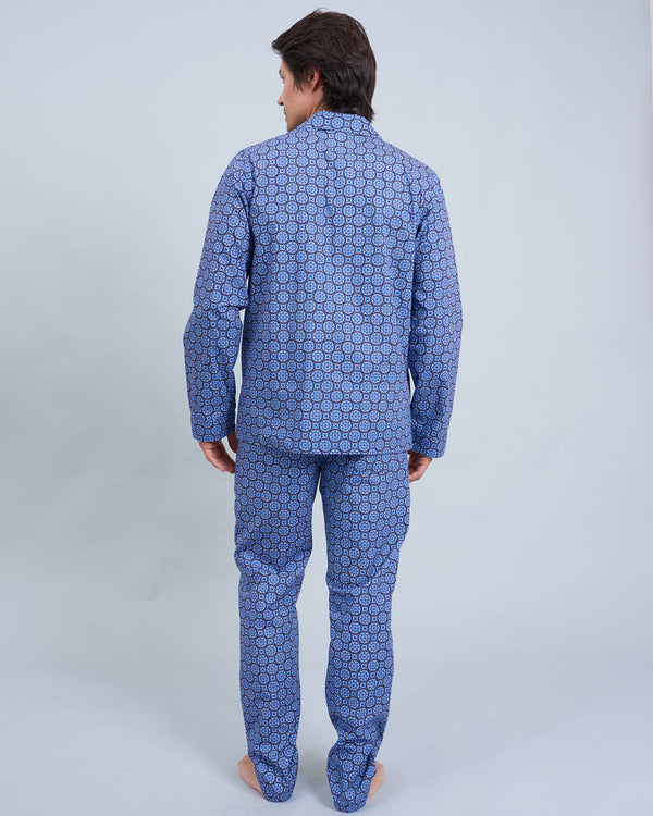 Mens Long Pyjamas Set Indigo Floral Blue