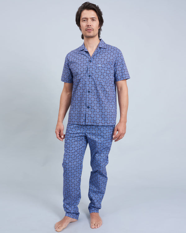Mens Short Shirt & Pants Pyjamas Set Indigo Floral Blue