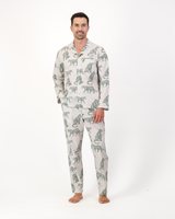Mens Long Pyjamas Set Teal Leopard Off White