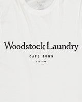 Mens T-Shirt White Woodstock Laundry Black Typo