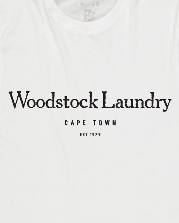 Mens T-Shirt White Woodstock Laundry Black Typo