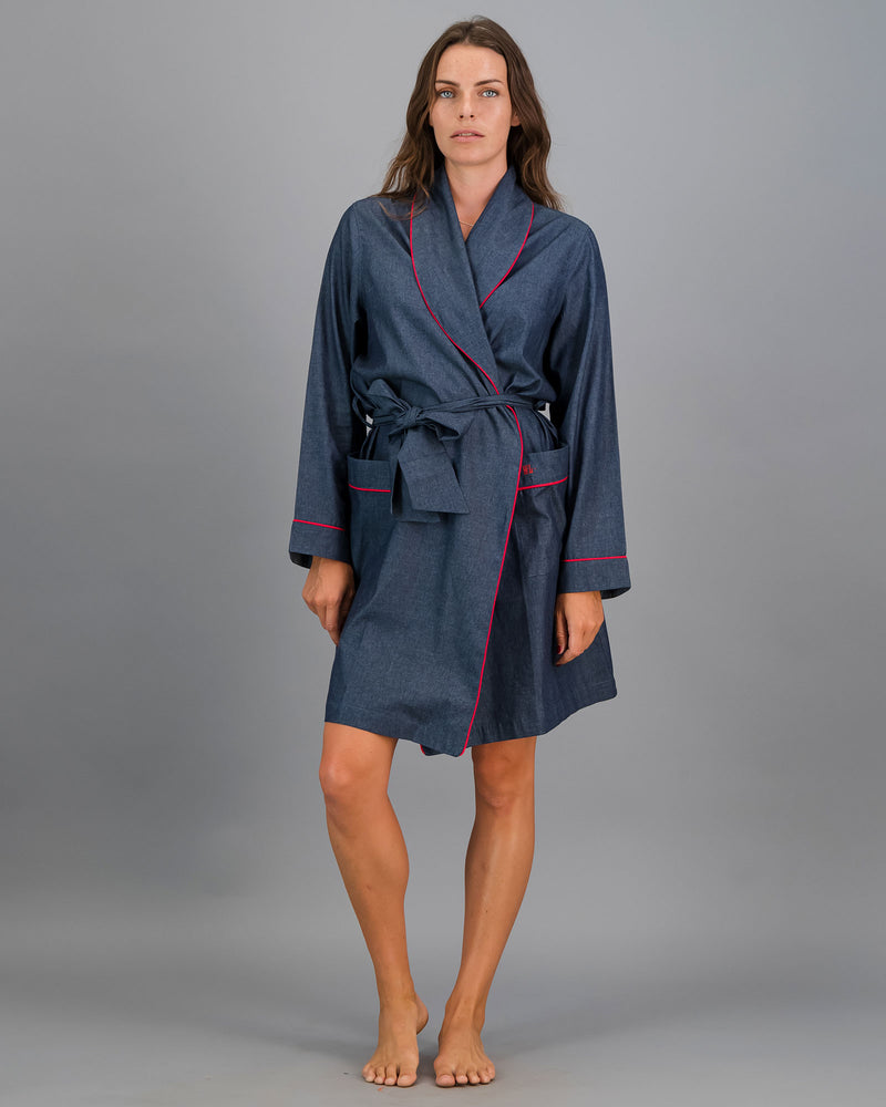 Womens Gown - Denim Dark Blue - Red Piping