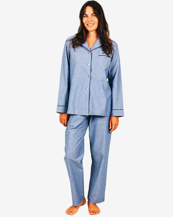 Womens Long Pyjamas - Chambray Indigo - Navy Piping