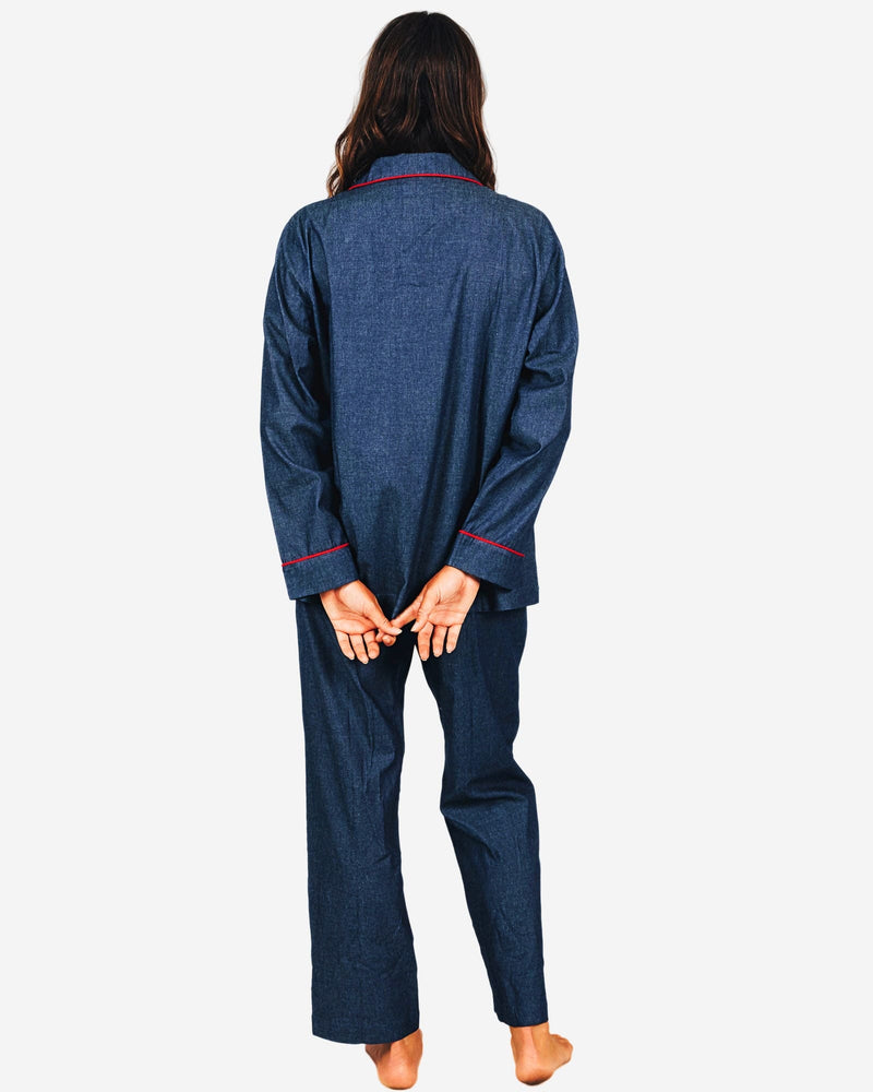 Womens Long Pyjamas - Denim Dark Blue - Red Piping
