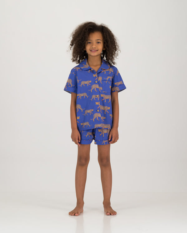 Girls Short Pyjamas Set Blue Cheetahs