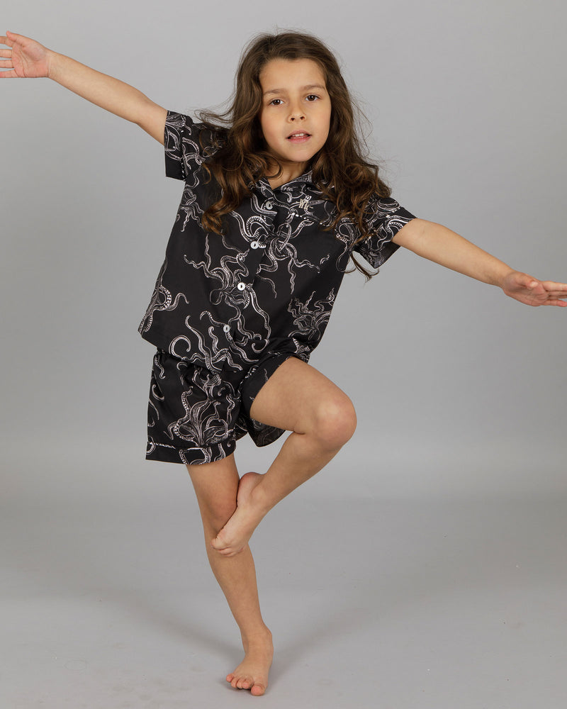 Girls' Black Octopus Pyjama Set Breathable Comfort Dreamy