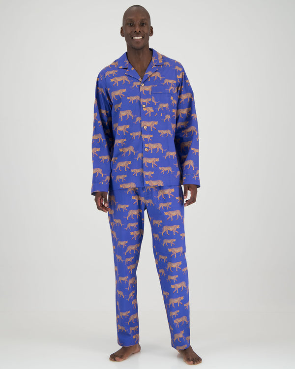 Mens Long Pyjamas Set Blue Cheetahs