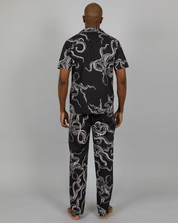 Mens Short Shirt & Pants Pyjamas Set Octopus Black