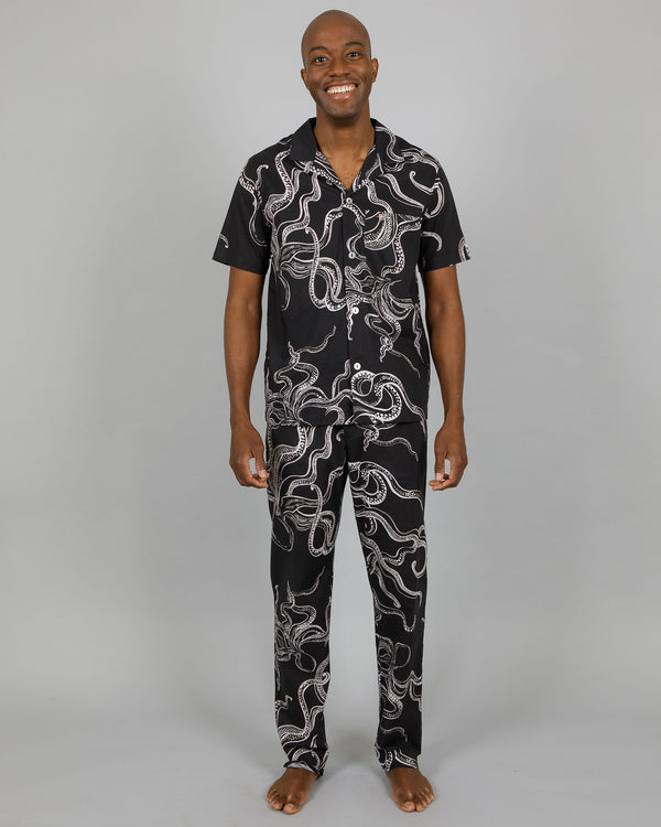 Mens Short Shirt & Pants Pyjamas Set Octopus Black