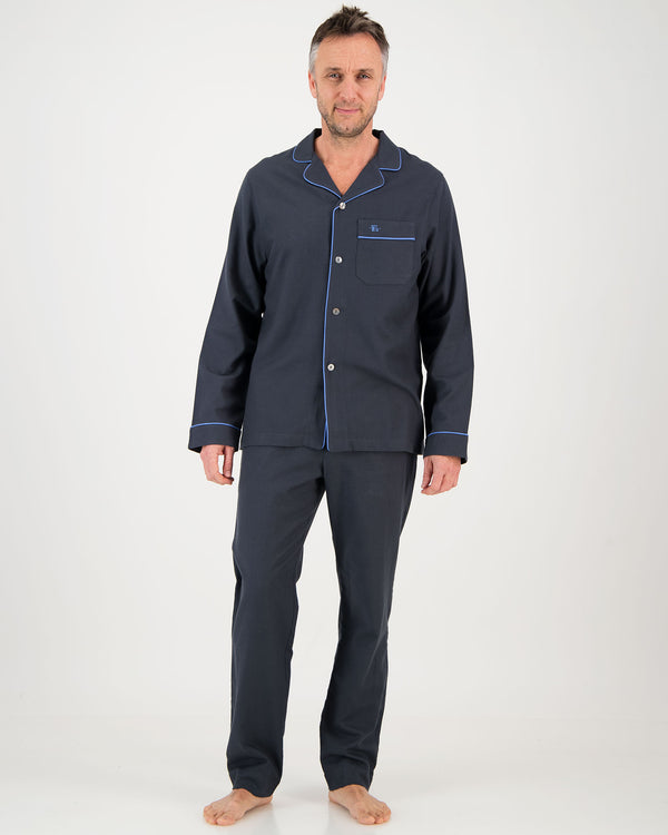 Mens Long Pyjamas - Flannel Charcoal - Blue Piping