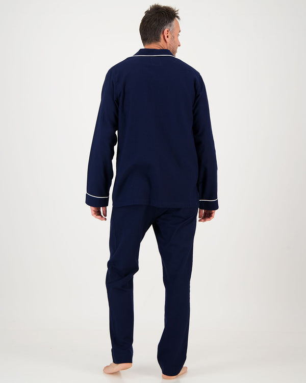 Mens Long Pyjamas - Flannel Navy - White Piping