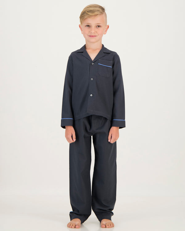 Boys Long Pyjamas - Flannel Charcoal - Blue Piping