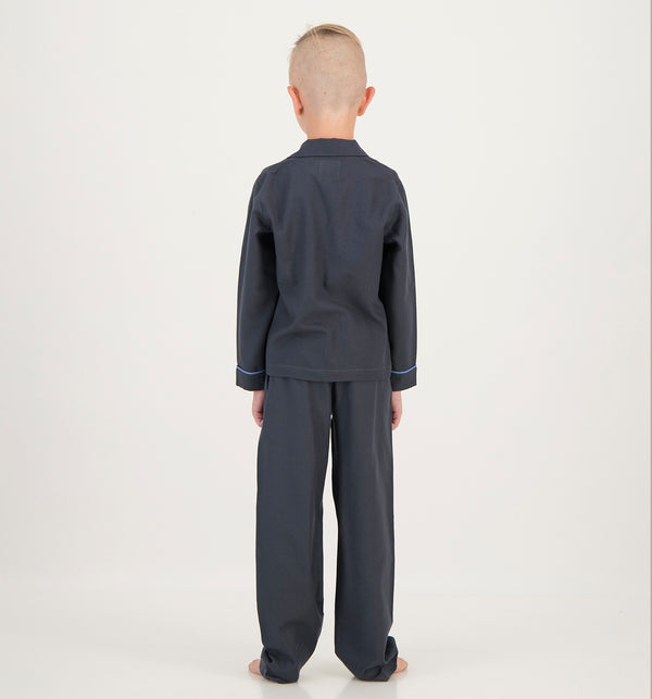 Boys Long Pyjamas - Flannel Charcoal - Blue Piping