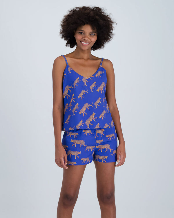 Womens Camisole Pyjamas Set Blue Cheetahs