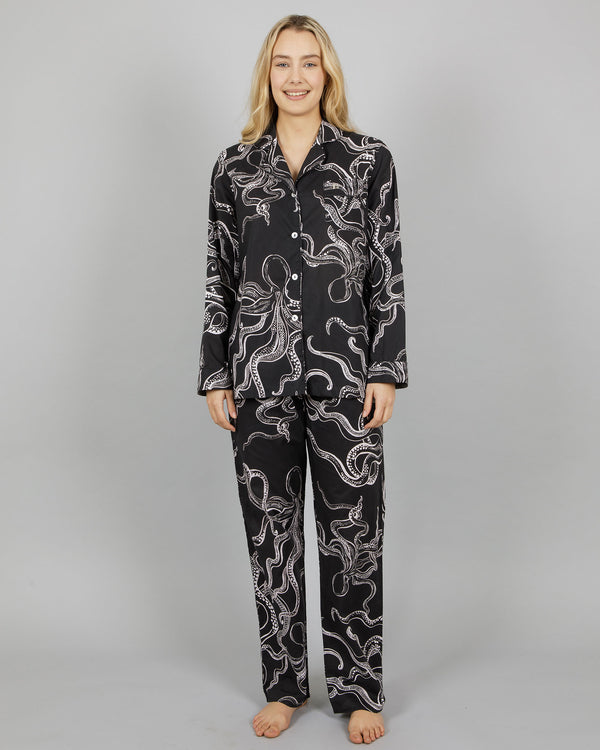 Womens Long Pyjamas Set Octopus Black